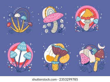 Boho magic forest esoteric mystical mushroom isolated set. Vector flat graphic design illustration