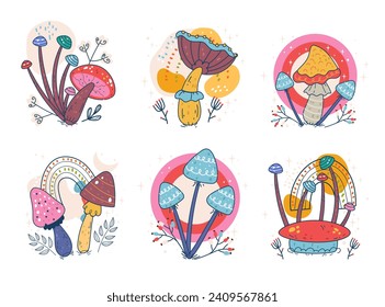 Boho magic forest esoteric mystical mushroom isolated set. Vector flat graphic design illustration