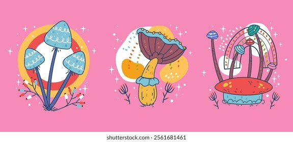 Boho magic forest esoteric mystical mushroom isolated set. Vector flat graphic design illustration