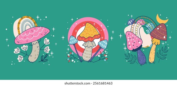 Boho magic forest esoteric mystical mushroom isolated set. Vector flat graphic design illustration