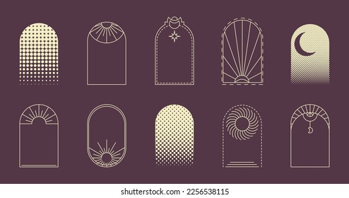 Juego de vectores de arcos de línea mágica Boho. Arco de estilo lineal mínimo, elementos de diseño de forma ovalada para logotipo, emblema, medios sociales