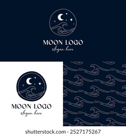 Boho Magic Moon Logo with Sea Wave Pattern on Dark Blue Background. Hand drawn Vector Flat Elements of Stars, Ocean, Mystic Luna. Branding Identity for Сosmetics, Jewellery and  Beauty Businesses.