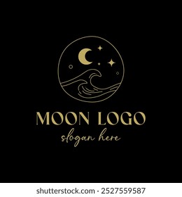 Boho Magic Moon Logo with Sea Wave Pattern on Black Background. Hand drawn Vector Flat Elements of Stars, Ocean, Mystic Luna. Luxury Branding Identity for Сosmetics, Jewellery, Beauty Businesses.