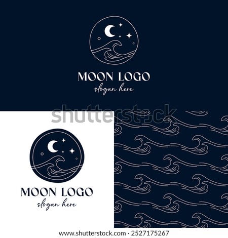 Boho Magic Moon Logo with Sea Wave Pattern on Dark Blue Background. Hand drawn Vector Flat Elements of Stars, Ocean, Mystic Luna. Branding Identity for Сosmetics, Jewellery and  Beauty Businesses.