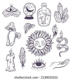 Boho magia mística bruja oculta elemento de diseño aislado colección
