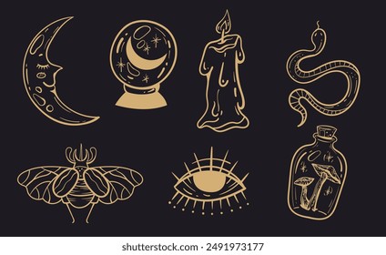 Boho magic mystical occult witch design element isolated collection set. Vector flat graphic design illustration
