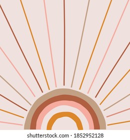 Boho magic rainbow sun and rays background. Trendy abstract geometric solar shape backdrop. Earthy colour palette. Vector Illustration for bohemian design