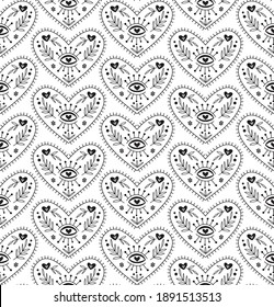 Boho magic seeing heart vector seamless pattern Ornate folk art third eye hearty motif for magical spiritual fabric textile print design Black and white doodle graphics