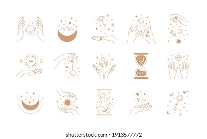 Boho Magic Set. Alchemy Magic Witch Logo, Hand Drawn Boho Mystic Doodle Esoteric Symbols. Vector Set