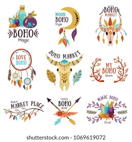 Boho magic symbols emblems collection for market place with moon dream catcher buffalo head isolated vector illustration 