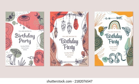 Boho magic tribal aztec indian style cover poster brochure greeting flyer concept set. Vector graphic design illustration