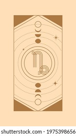 Boho magic zodiac illustration. Capricorn. Celestial art. Vector image of golden space design elements stars, crescent, half moon. Vector doodle isolated illustration.
