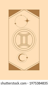 Boho magic zodiac illustration. Gemini. Celestial art. Vector image of golden space design elements stars, crescent, half moon. Vector doodle isolated illustration.