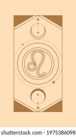 Boho magic zodiac illustration. Leo. Celestial art. Vector image of golden space design elements stars, crescent, half moon. Vector doodle isolated illustration.