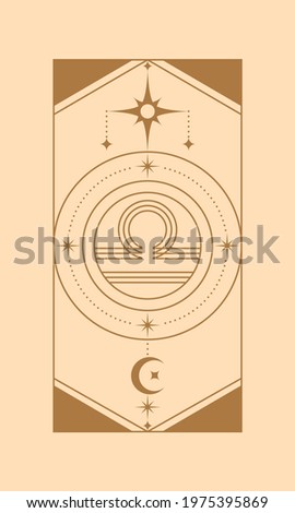 Boho magic zodiac illustration. Libra. Celestial art. Vector image of golden space design elements stars, crescent, half moon. Vector doodle isolated illustration.