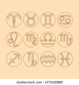 Boho magic zodiac sign collection. Celestial art. Vector image of 12 astrological signs. Vector doodle isolated illustration. Line art.