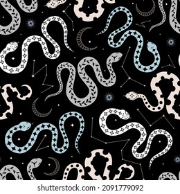 Boho magical seamless pattern with various wriggling snakes of different patterns, crescent moon and stars