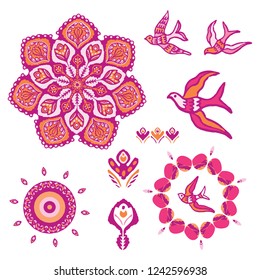 Boho Mandala with Birds Flying Vector Elements Set. Folk Flowers Icons in Vintage Style. Trendy for Pretty Summer Stationery, Meditation Packaging,Yoga Banners, Indian Blog Buttons. Vintage Red Blue