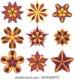 Boho mandala set. Coleção de mandalas luxuosas e vibrantes no estilo talavera mexicano. Use para projetar saudação, convite, arte de parede, folhetos do festival, banners. Emblemas e ícones de mandala dourada. EPS 10.