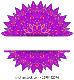 Boho mandala vector card template with text place. Birthday greeting card design. Round floral mandala ornament with butterfly, heart, leaf, petal, flower shapes. Indian medallion.