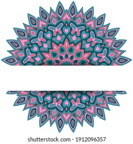 Boho mandala vector card template with text place. Spa center flyer banner design. Circle floral mandala ornament with butterfly, heart, leaf, petal, flower motifs. Indian medallion.