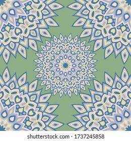 Boho mandala vector seamless pattern. Sari print design. Circle floral mandala ornament with butterfly, heart, leaf, petal, flower shapes. Indian medallion motif seamless backdrop.