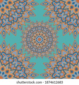 Boho mandala vector seamless pattern. Fabric print design. Round floral mandala ornament with butterfly, heart, leaf, petal, flower motifs. Indian medallion motif seamless tile.