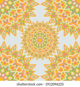 Boho mandala vector seamless pattern. Dress print design. Circle floral mandala ornament with butterfly, heart, leaf, petal, flower shapes. Indian medallion motif seamless wallpaper.