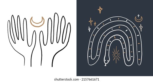 Boho meditation clipart with snake, curved as a rainbow, sun, moon, stars and opened hands wise and calmness reiki symbols. 
