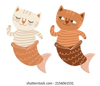 Boho mermaid cat on white background. Under the sea hand drawn vector illustration.