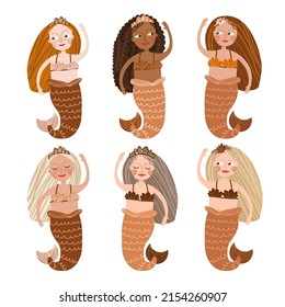 Boho mermaid on white background. Under the sea hand drawn vector illustration.