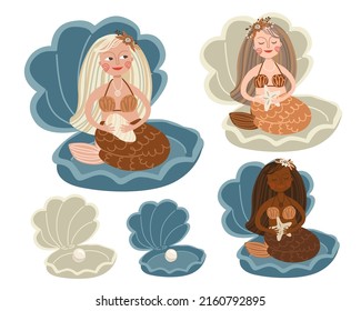 Boho mermaid on white background. Under the sea hand drawn vector illustration.