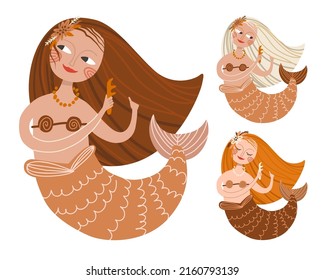 Boho mermaid on white background. Under the sea hand drawn vector illustration.