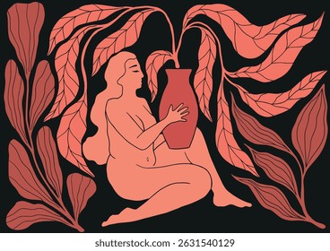 Boho Midcentury Modern Feminine Illustration, Woman with Vase and Lush Botanical Elements, nature, retro	