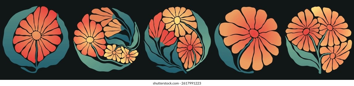 Boho and Midcentury Modern Floral Illustration Collection, Elegant Minimalist Design