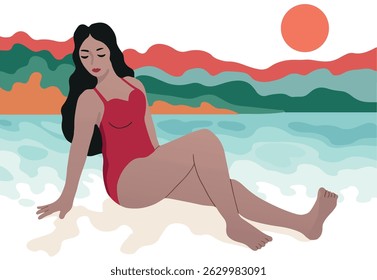 Boho Midcentury Modern Summer Illustration, Relaxed Woman in Swimsuit by the Ocean Beach	