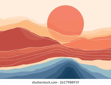 Boho Midcentury Modern Sunset and Beach – Minimalist Coastal Landscape	