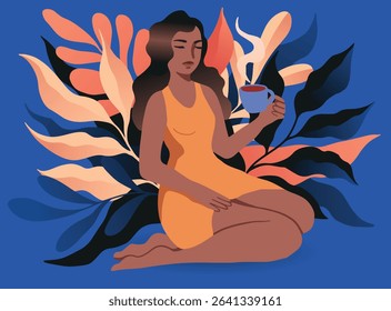 Boho Midcentury Modern Woman with Tea, Relaxing Moment with Nature Elements, floral, nature, leaves	