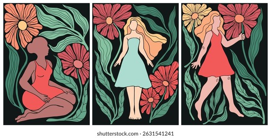 Boho Midcentury Women Floral Collection - Silhuetas femininas elegantes	
