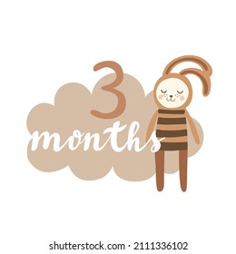 Boho milestone baby card three months with cloud and teddy banny for little boy or girl. Vector illustration EPS 10