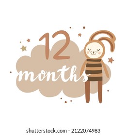 Boho milestone baby card twelve months with cloud, stars  and teddy bunny for little boy or girl. Vector illustration EPS 10