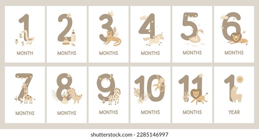 Boho milestone cards with numbers, animals, dinosaur, unicorn, flowers. Vector nursery art.