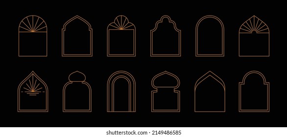 Boho minimal arch frames. Bohemian contemporary borders, esoteric gold line logo celestial concept. Vector illustration