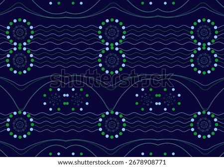Boho minimal geometric poster art in sky blue and shamrock green on navy blue conveys freshness, natural harmony, trustworthiness, balanced creativity with bubble wave forms over mountain landscapes.