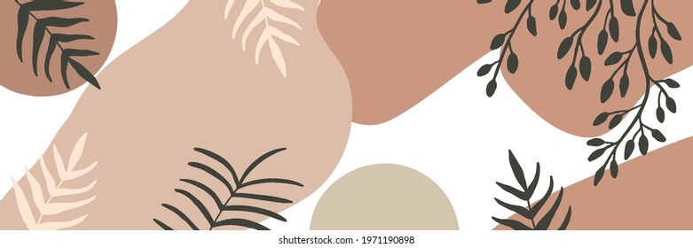 Boho minimalism modern contemporary background cover. Muted pastel colors hand drawn illustration. Plants twig branch leaves nature. Abstract geometric shapes blobs with copy space banner. 