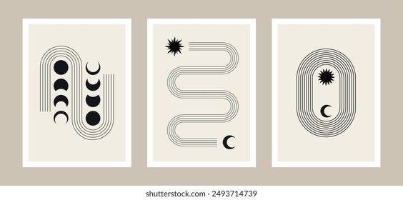 carteles de boho minimalismo, arte mural retro, geometría de arte lineal y Formas celestes, estampados vintage, composiciones bohemias, Ilustraciones vectoriales minimalistas, Diseño gráfico moderno de mediados de siglo