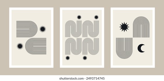 boho minimalism posters, retro wall art, line art geometry and celestial shapes, vintage prints, bohemian compositions, minimalist vector illustrations, mid-century modern graphic design