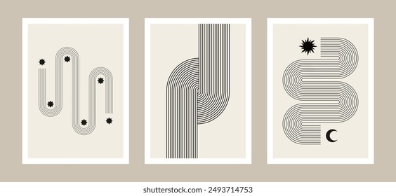 carteles de boho minimalismo, arte mural retro, geometría de arte lineal y Formas celestes, estampados vintage, composiciones bohemias, Ilustraciones vectoriales minimalistas, Diseño gráfico moderno de mediados de siglo