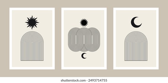 boho minimalism posters, retro wall art, line art geometry and celestial shapes, vintage prints, bohemian compositions, minimalist vector illustrations, mid-century modern graphic design