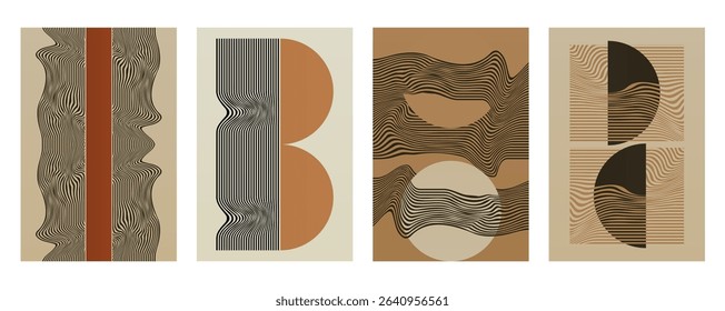 Boho Minimalist Abstract Wave Line Wall Art in Earth tone color. Abstract Bauhaus Wall Art Decor
